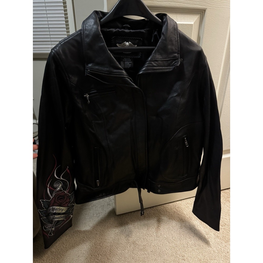 Harley-Davidson Black Leather Jacket XL Rose Graphics Embroidery